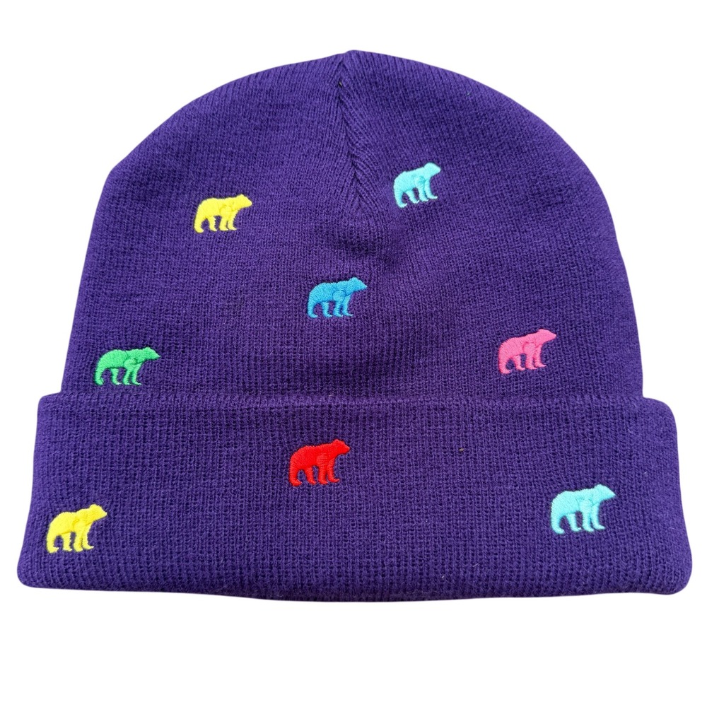 L.L.Bean Purple Polar Bear Embroidered Knit Beanie Hat One Size Multicolor Cuff - Picture 2 of 6